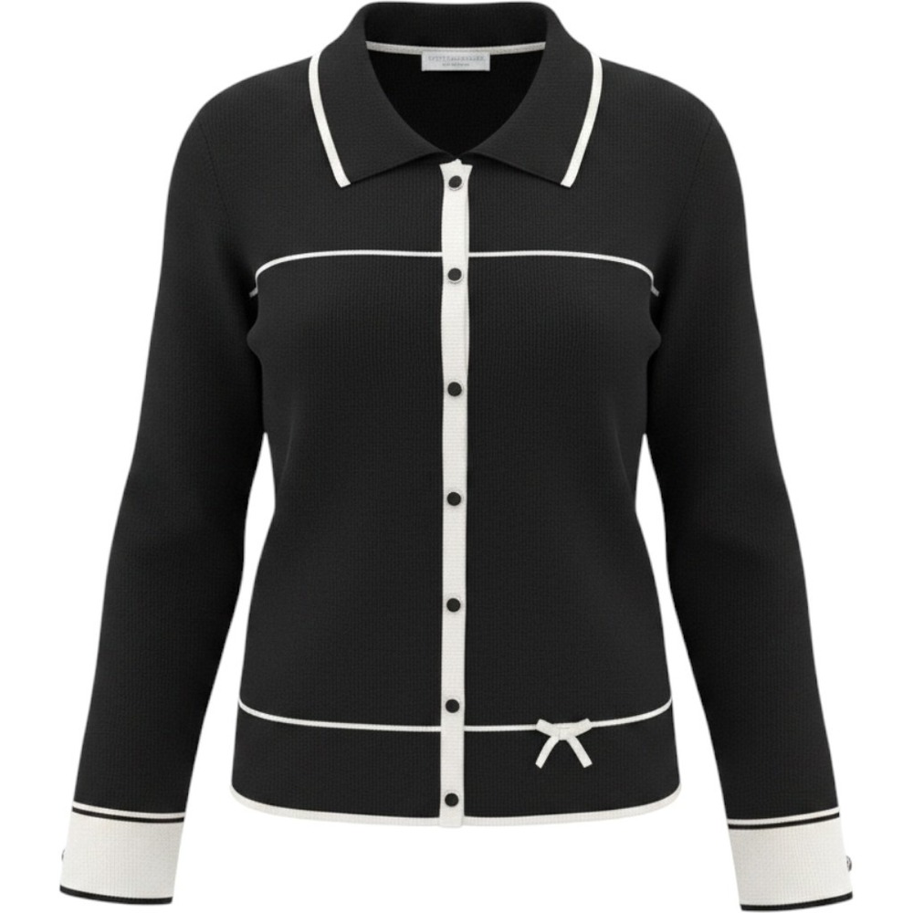 Petite Sophisticate Silk Blend Cardigan PM Black Ivory trim Preppy Bow  EUC